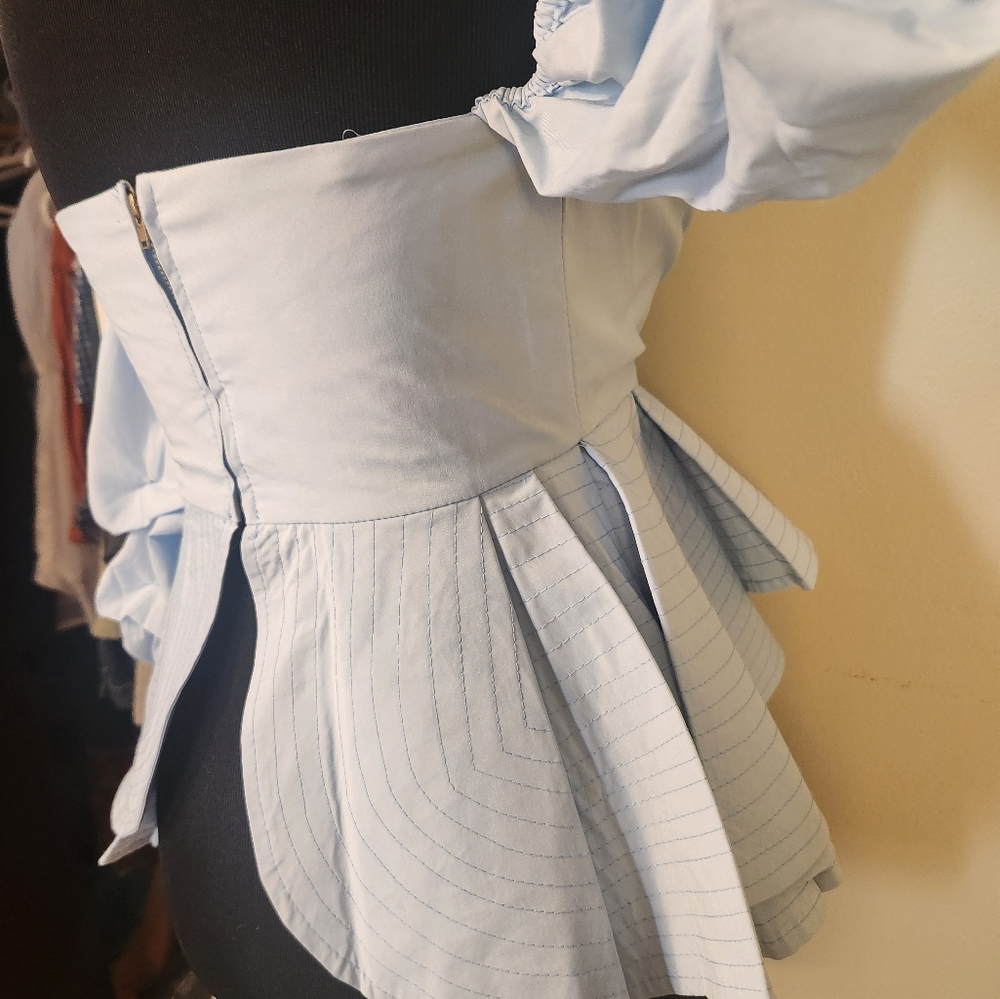 Beulah Style off shoulder bustier puff sleeve blue peplum top Size Small - Picture 10 of 16